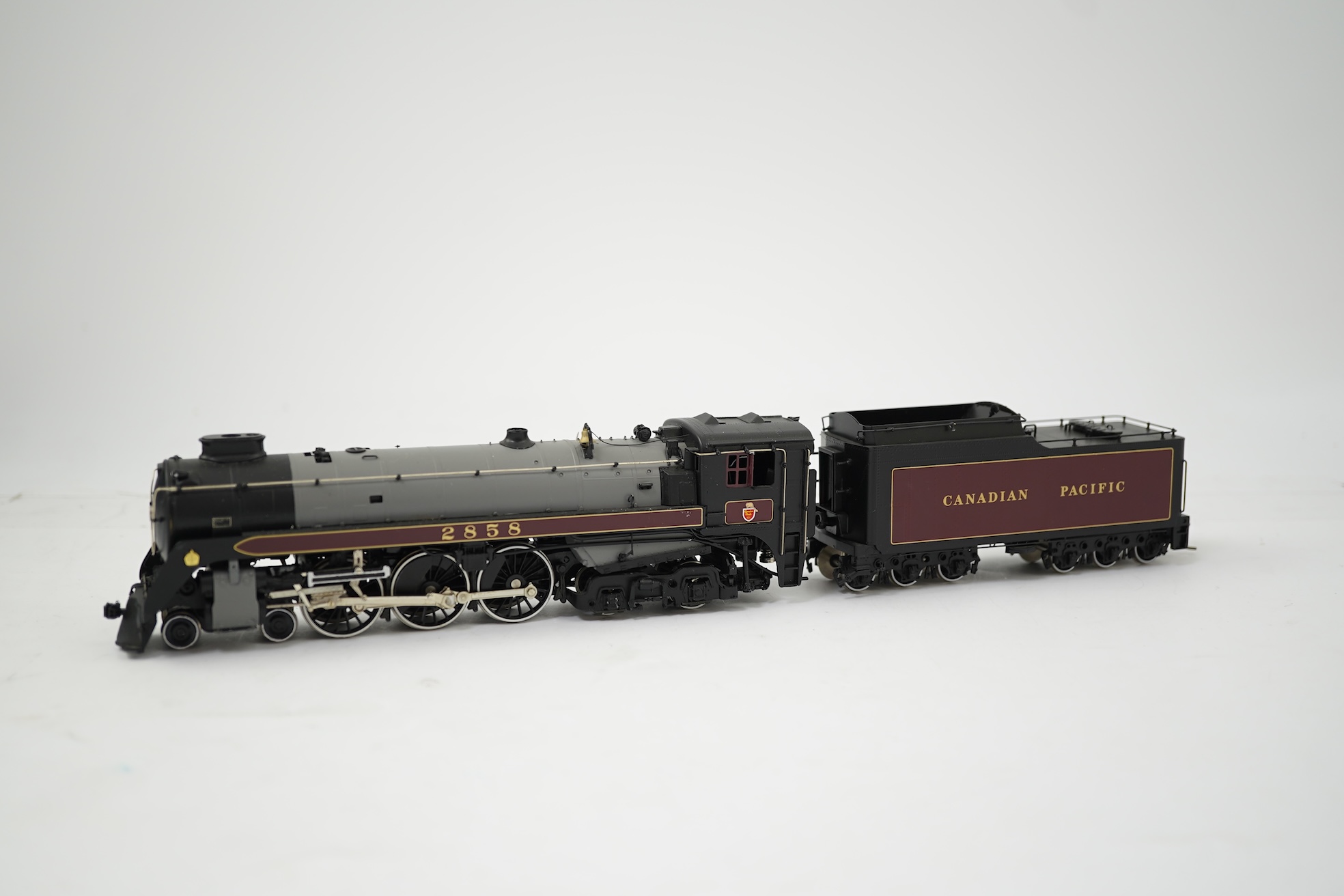 A boxed HO gauge VH Scale Models model of Canadian Pacific Railway Royal Hudson H-1d, 2858, 4-6-4 locomotive with bogie tender, powered for two rail operation.